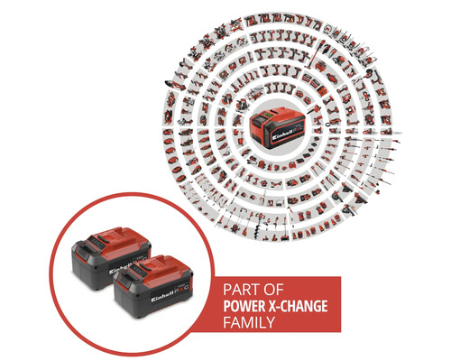 Två Einhell Power X-Change-batterier och ett urval av kompatibla verktyg och trädgårdsmaskiner från Power X-Change-systemet.