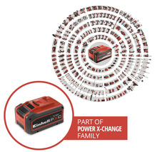 Einhell Power X-Change-batteri som en del av ett omfattande system med ett stort antal kompatibla verktyg och trädgårdsmaskiner.
