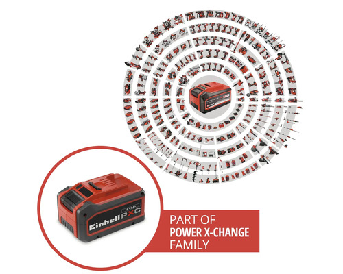 Einhell Power X-Change-batteri som en del av ett omfattande system med ett stort antal kompatibla verktyg och trädgårdsmaskiner.
