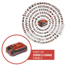 Einhell uppladdningsbart batteri som en del av Power X Change familjen omgivet av en mängd kompatibla elverktyg och trädgårdsredskap
