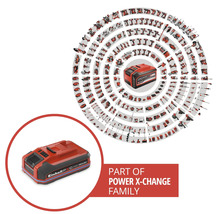Einhell batteri med texten Einhell Power X-Change omgivet av flera kompatibla verktyg och trädgårdsredskap