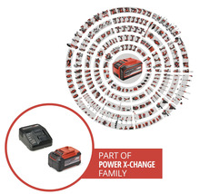 Einhell Power X-Change batteri och laddare som en del av en stor produktfamilj med många kompatibla verktyg och trädgårdsmaskiner.