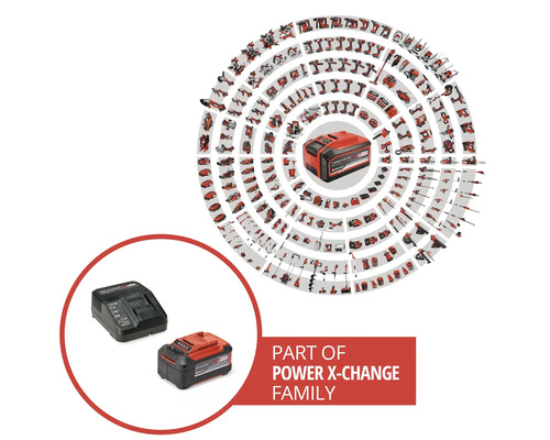 Einhell Power X-Change batteri och laddare som en del av en stor produktfamilj med många kompatibla verktyg och trädgårdsmaskiner.