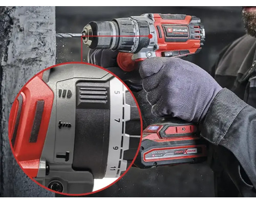 Einhell batteridriven slagborrskruvdragare i användning med detaljvy av vridmoment- och funktionsinställningar.