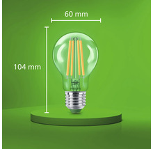 Philips LED glödlampa med filament och E27 sockel, 60 millimeter diameter och 104 millimeter total höjd.