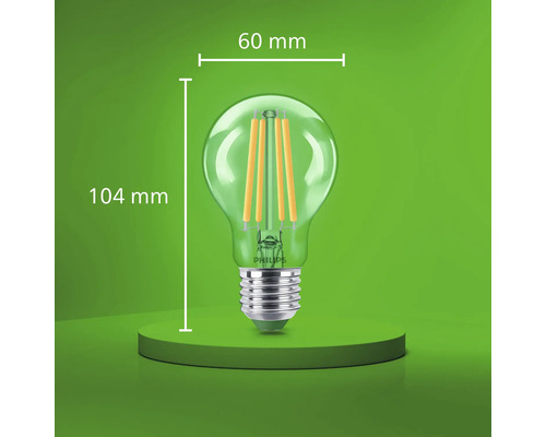 Philips LED glödlampa med filament och E27 sockel, 60 millimeter diameter och 104 millimeter total höjd.