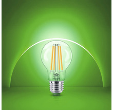 Philips LED glödlampa med filament och E27 sockel i klart glas.