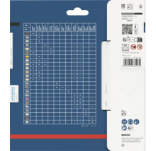 Bosch Expert sågbladskompatibilitetstabell på produktförpackning med applikationsmatris för olika material.