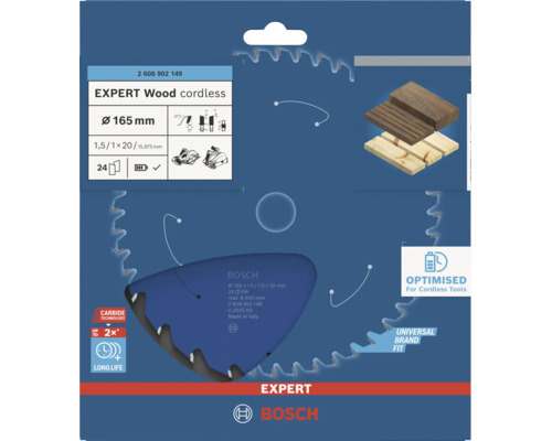 Bosch Expert Wood cordless cirkelsågklinga med 165 millimeter diameter för batteridrivna cirkelsågar i förpackning.