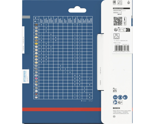 Baksidan av förpackningen för Bosch Expert cirkelsågblad med applikationstabell för olika material och teknisk data.