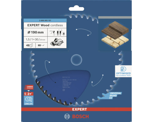 Bosch Expert Wood cordless cirkelsågklinga med 190 millimeter diameter och 48 tänder för batteridrivna cirkelsågar i förpackning.
