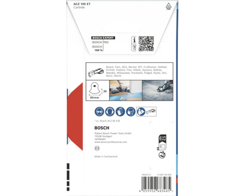 Bosch Expert ACZ 105 ET Carbide segmentsågklinga för multiverktyg med kompatibilitetslista och användningsanvisningar på baksidan.