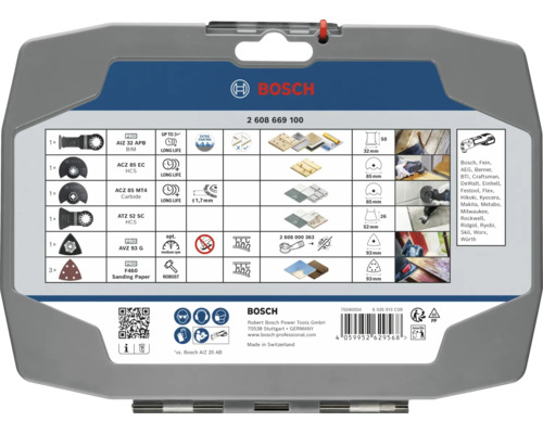 Bosch tillbehörssats för multifunktionsverktyg med olika sågblad och slippapper i plastväska