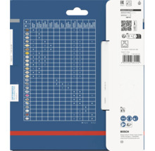 Baksidan av förpackningen till ett Bosch Expert sågblad med kompatibilitetstabell och bruksanvisningar för olika material.