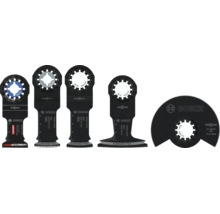 Set med fem Bosch Starlock instickssågblad och ett segmentsågblad för multiverktyg för trä och metall.