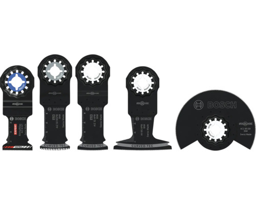 Set med fem Bosch Starlock instickssågblad och ett segmentsågblad för multiverktyg för trä och metall.
