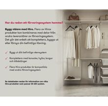 Öppet hyllsystem Hiro för flexibel väggmontering med klädstänger, hyllplan och trådkorgar för organiserad klädförvaring.