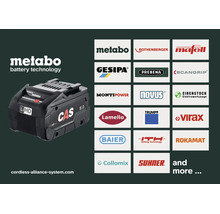 Metabo LiHD batteri med logotypen Cordless Alliance System och logotyper från deltagande partnermärken.