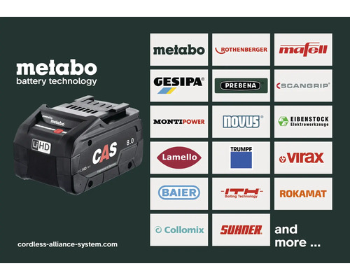 Metabo LiHD batteri med logotypen Cordless Alliance System och logotyper från deltagande partnermärken.