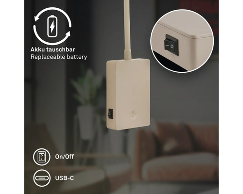 Batterihölje för lampor med utbytbart batteri, på av knapp och USB C anslutning.