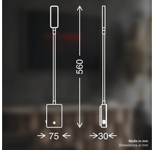 Teknisk ritning med mått för en vägglampa med 560 millimeters höjd, 75 millimeters bredd och 30 millimeters djup.