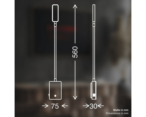 Teknisk ritning med mått för en vägglampa med 560 millimeters höjd, 75 millimeters bredd och 30 millimeters djup.