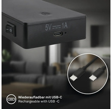 Uppladdningsbar enhet med USB-C-anslutning och USB-C-laddningskabel.