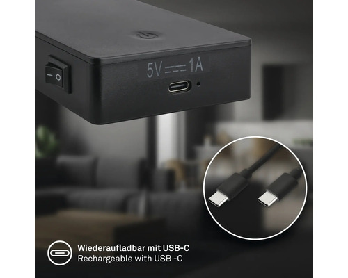 Uppladdningsbar enhet med USB-C-anslutning och USB-C-laddningskabel.