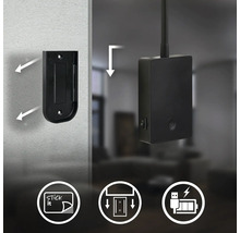 Väggmonteringsfäste med limalternativ för en batteridriven enhet med USB laddningsfunktion