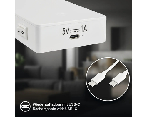 Uppladdningsbar enhet med USB C laddningsport och på av knapp inklusive USB C laddningskabel