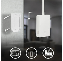 Väggfäste för lampa med självhäftande montering och USB laddningsfunktion, visas med monteringsinstruktioner för vägg.