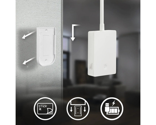 Väggfäste för lampa med självhäftande montering och USB laddningsfunktion, visas med monteringsinstruktioner för vägg.