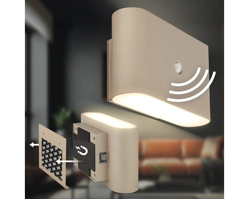 LED vägglampa med rörelsesensor och magnetfäste för väggmontering med självhäftande remsa.