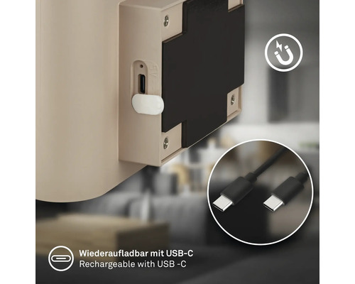 Uppladdningsbar lampa med USB typ C-port och magnetisk montering.