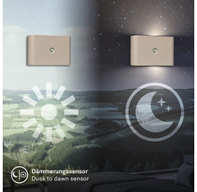 Vägglampa med skymningssensor, illustration av funktionen under dag och natt med symbol för skymningssensor.