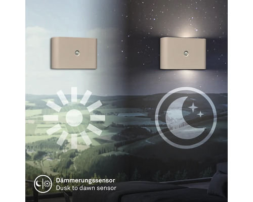 Vägglampa med skymningssensor, illustration av funktionen under dag och natt med symbol för skymningssensor.