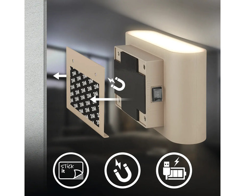 Vägglampa med självhäftande platta och magnetfäste samt uppladdningsbart USB batteri