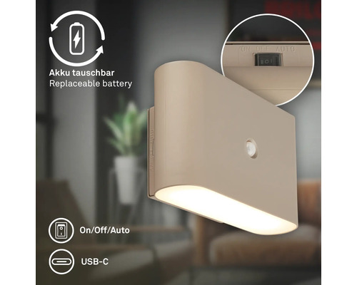 Vägglampa med rörelsesensor, utbytbart batteri, omkopplare för On Off Auto läge och USB C port för laddning.