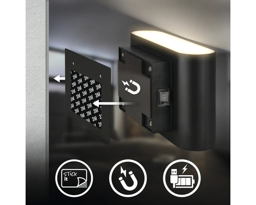 Vägglampa med magnetfäste, självhäftande montering och USB-uppladdningsbart batteri.