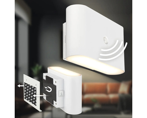 LED vägglampa med rörelsesensor och magnetfäste med självhäftande dyna för enkel väggmontering.