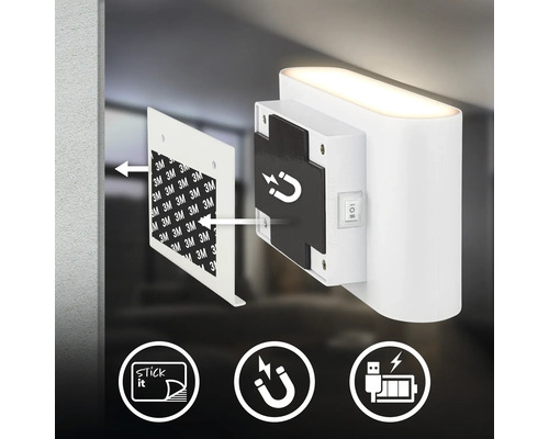 Vägglampa med magnethållare och klisteryta för enkel montering samt uppladdningsbart batteri med USB anslutning