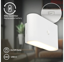Vägglampa med rörelsesensor, utbytbart batteri, USB C port och on off auto strömbrytare för inomhusbruk.