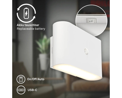 Vägglampa med rörelsesensor, utbytbart batteri, USB C port och on off auto strömbrytare för inomhusbruk.