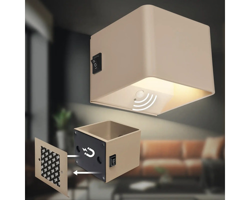 Fyrkantig LED vägglampa med rörelsesensor, magnetfäste och självhäftande montering för inomhusbelysning.