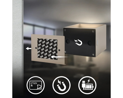 Fyrkantig vägglampa med självhäftande och magnetisk montering samt batteri med USB-laddningsfunktion.