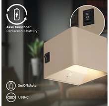 Fyrkantig vägglampa med rörelsesensor, utbytbart batteri, USB C port och strömbrytare på av auto
