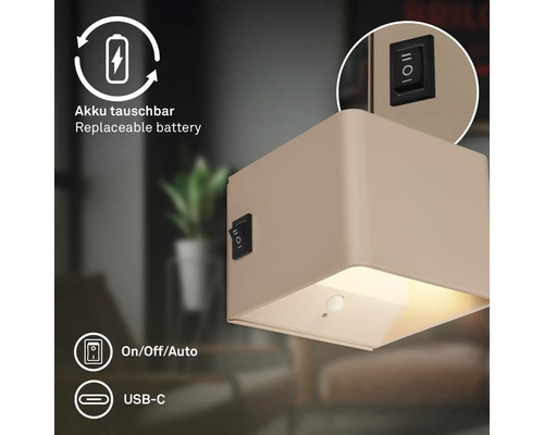 Fyrkantig vägglampa med rörelsesensor, utbytbart batteri, USB C port och strömbrytare på av auto