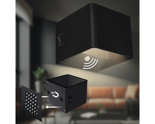 Fyrkantig LED vägglampa med rörelsesensor och magnetfäste inklusive självhäftande platta för enkel montering.