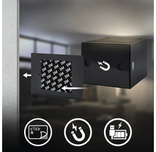 Fyrkantig LED vägglampa med magnetfäste och självhäftande platta för väggmontering, laddningsbar via USB.