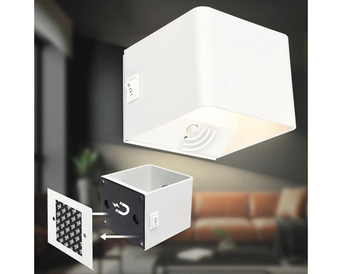 Fyrkantig LED vägglampa med rörelsesensor och magnetfäste för självhäftande montering i vardagsrum.